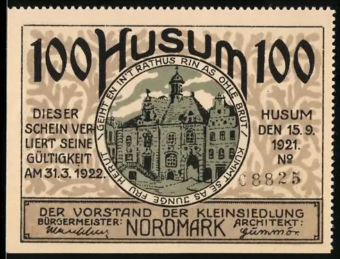 Notgeld Husum 1921, 100 Pf, Rathaus und Bauernhaus mit Wappen