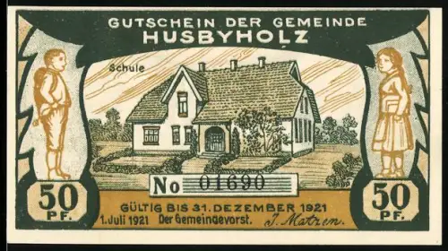 Notgeld Husbyholz 1921, 50 Pf, Schule und Männer mit Flaggen