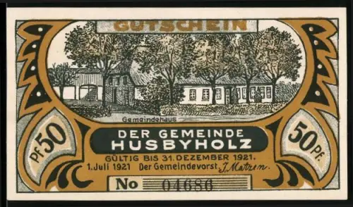 Notgeld Husbyholz 1921, 50 Pf, Gemeindehäuser und historische Szene mit Fackeln und Soldaten
