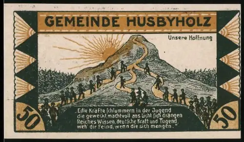 Notgeld Husbyholz 1921, 50 Pf, Menschen auf Hügel mit Sonne, Chaussee mit Bäumen