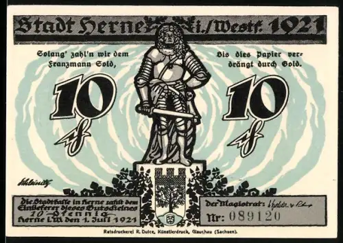 Notgeld Herne i. Westf. 1921, 10 Pfennig, Ritterfigur und Industrielandschaft am Rhein-Herne-Kanal