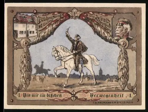 Notgeld Jessnitz i. A. 1921, 25, Reiter auf Pferd mit gehobenem Arm und Gebäude im Hintergrund