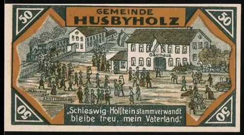 Notgeld Husbyholz 1921, 50 Pfennig, Menschenmenge vor Gasthaus und Bismarck-Denkmal mit Eiche