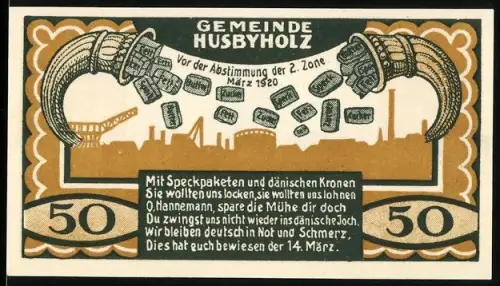 Notgeld Husbyholz 1920, 50 Pfennig, Füllhörner und Industrielandschaft, Windmühle