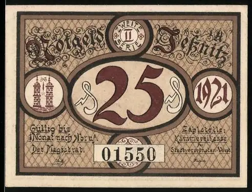 Notgeld Jessnitz i. A. 1921, 25 Pfennig, Reiter auf Pferd und historische Szenen