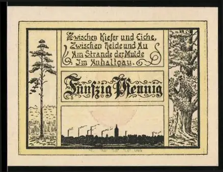 Notgeld Jessnitz i. A. 1921, 50 Pfennig, Türme mit Landschaft und Gedicht