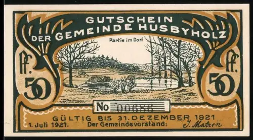 Notgeld Husbyholz 1921, 50 Pfennig, Dorfszene und Grenzhandel mit Dänemark