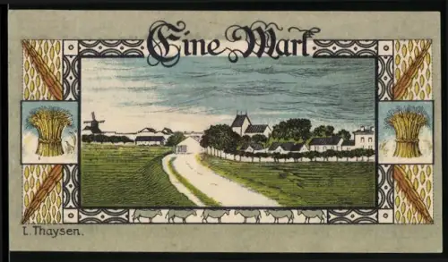 Notgeld Hoyer 1920, 1 Mark, Landschaft mit Ort und Wappen mit Segelschiff und Burg