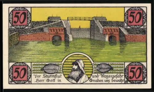 Notgeld Hoyer 1920, 50, Deich mit Flut und Fischerfigur, Stadtwappen und Pflug mit Kanone
