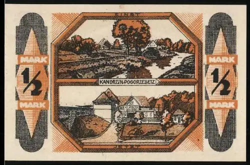 Notgeld Kandrzin-Pogorzelletz 1921, 1/2 Mark, Dorfansichten und Wappen von Kandrzin-Pogorzeltz