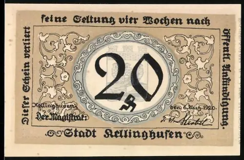Notgeld Kellinghusen 1920, 20 Pfennig, Wappen und Landschaftsszene