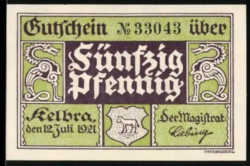 Notgeld Kelbra 1921, 50 Pfennig, Kyffhäuser-Denkmal und Wappen mit Pferd