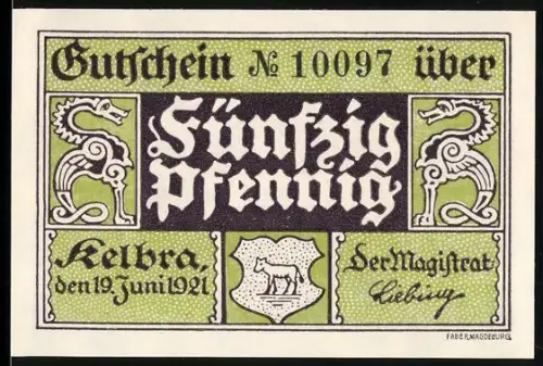 Notgeld Kelbra 1921, 50 Pfennig, Tiere und Rathausansicht