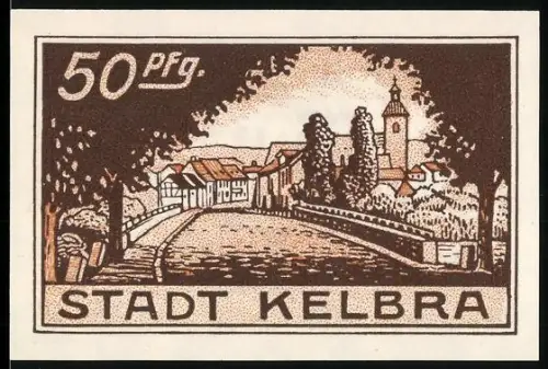 Notgeld Kelbra 1921, 50 Pfennig, Stadtbild mit Kirche und Drachenmotive