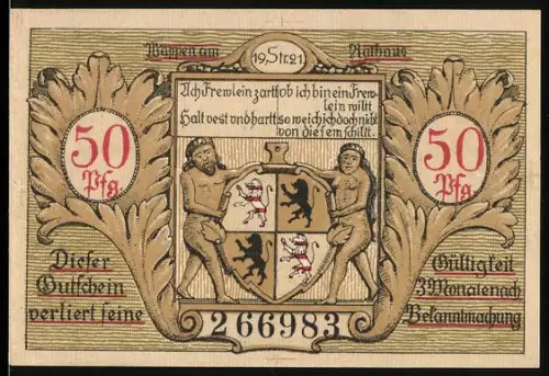 Notgeld Hildburghausen 1921, 50 Pfennig, Ortsansicht und Wappen mit Eichenlaubornamenten