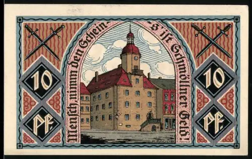 Notgeld Schmölln /S.-A. 1921, 10 Pf, Rathaus und Madonna mit Kind zwischen Türmen