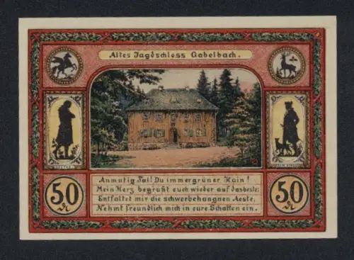 Notgeld Ilmenau 1921, 50 Pf, Altes Jagdschloss Gabelbach und Goetheturm mit Silhouetten von Goethe