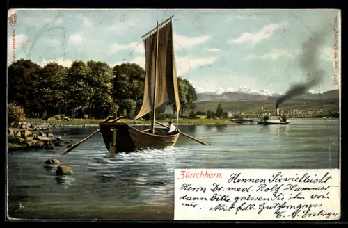AK Zürichhorn, Segelboot und Dampfschiff, Ufer mit Bäumen