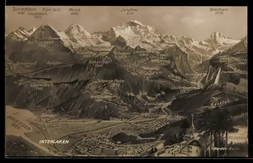 AK Interlaken, Panorama mit Jungfrau, Eiger und Mönch