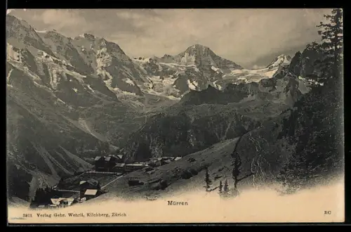 AK Mürren, Dorf mit Berg- und Gletscherkulisse