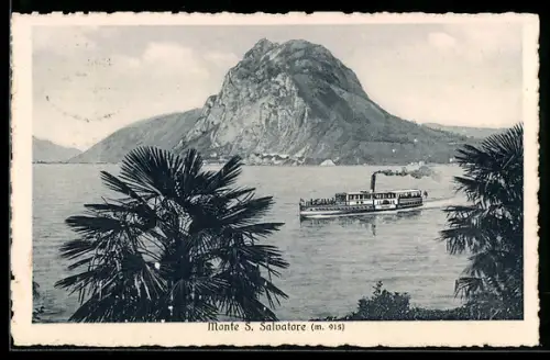 AK Lugano, Monte S. Salvatore, veduta sul lago con battello e palme