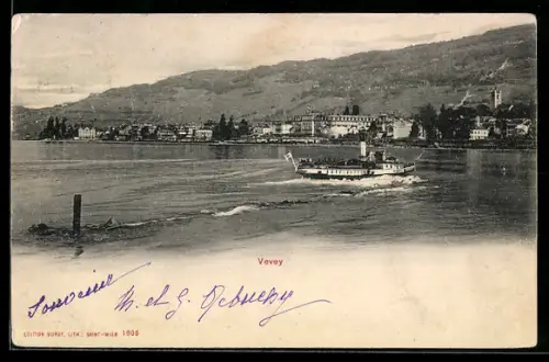 AK Vevey, Panorama du lac avec bateau à vapeur