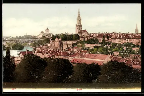 AK Bern, Panorama mit Münster, Aare und Brücke
