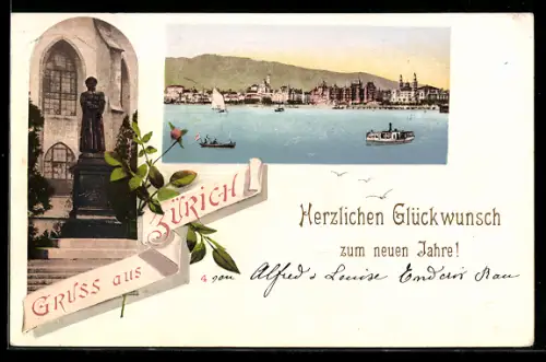 AK Zürich, Teilansicht, Denkmal, Neujahrsgruss