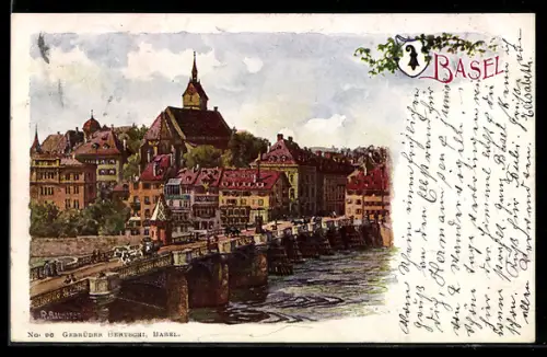 Lithographie Basel, Teilansicht mit Kirche