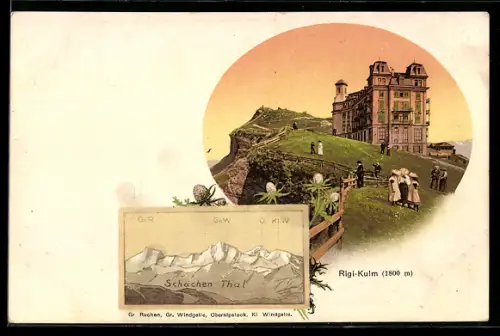 AK Rigi-Kulm, Abendstimmung am Hotel, Schächen Thal
