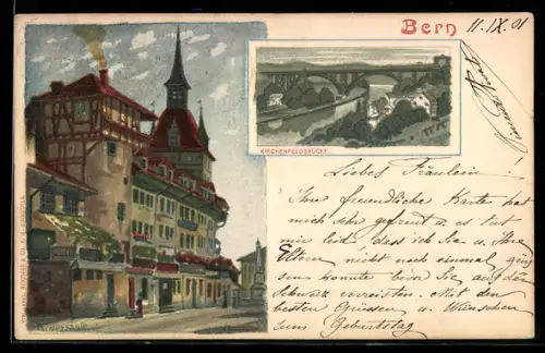 Lithographie Bern, Kirchenfeldbrücke, Gebäudeansicht
