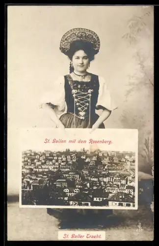 AK St. Gallen, St. Gallen mit dem Rosenberg, Frau in St. Galler Tracht