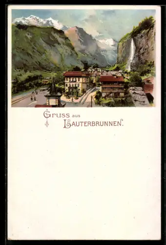 Lithographie Lauterbrunnen, Dorfansicht mit Wasserfall und Bergen