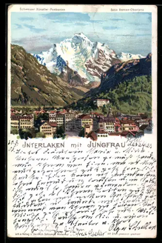 Lithographie Interlaken, Ortsansicht mit Jungfrau