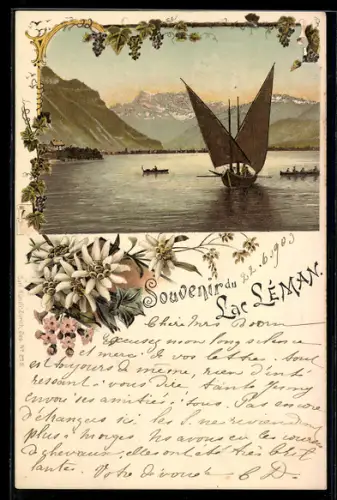 Lithographie Lac Léman, Voilier et barques