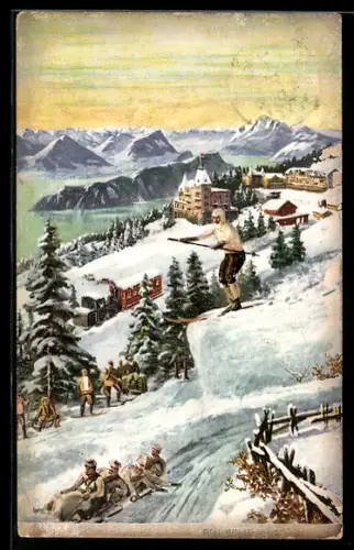 AK Rigi-Kaltbad, Verschneite Winterlandschaft mit Skifahrer und Schlitten