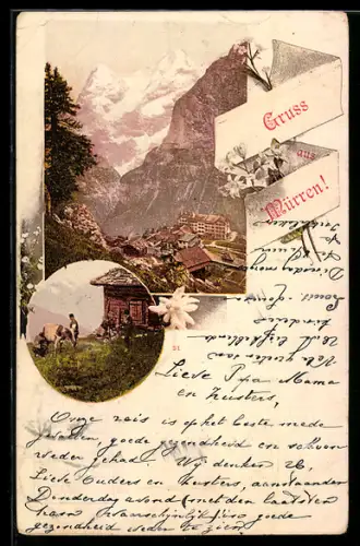 AK Mürren, Dorfansicht mit Bergpanorama