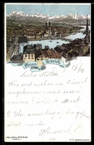 Lithographie Zürich, Stadtansicht mit Fluss und Kirchen