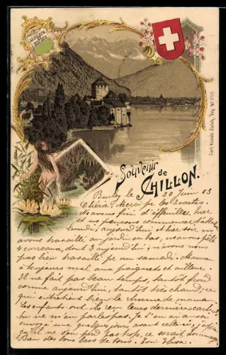 Lithographie Chillon, Château et Lac