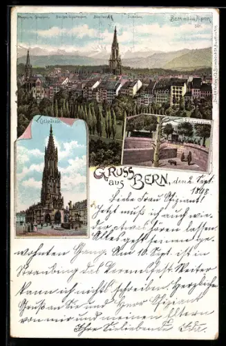 Lithographie Bern, Ortsansicht und Kathedrale