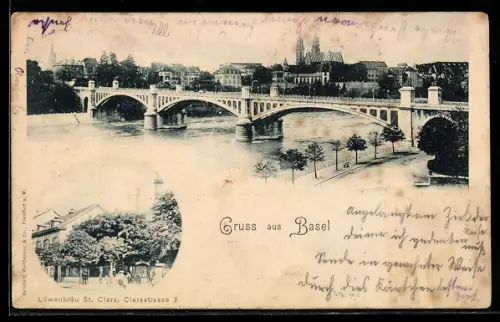 AK Basel, Rheinpartie mit Brücke und Gasthaus Löwenbräu St. Clara, Clarastrasse 2