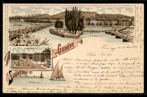 Lithographie Genève, Vue du quai et de la jetée, Place Neuve