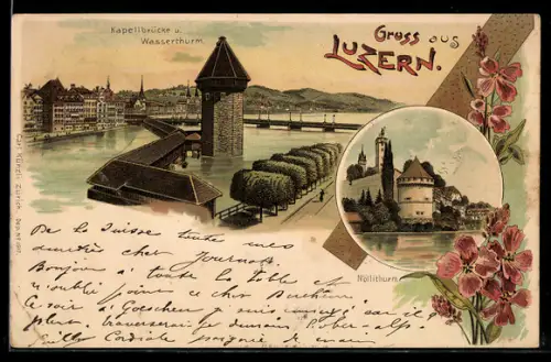 Lithographie Luzern, Kapellbrücke und Wasserturm
