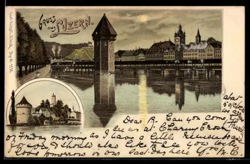 Lithographie Luzern, Stadtansicht mit gedeckter Holzbrücke und Wasserturm