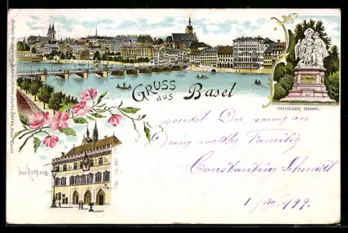 Lithographie Basel, Rheinpartie, Das Rathhaus, Strassburger Denkmal