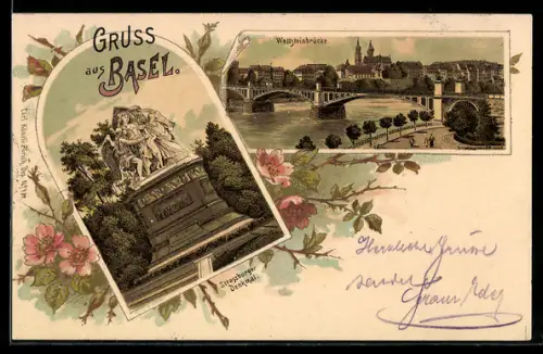 Lithographie Basel, Strassburger Denkmal, Wettsteinbrücke