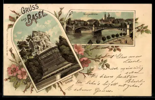 Lithographie Basel, Strassburger Denkmal und Wettsteinbrücke