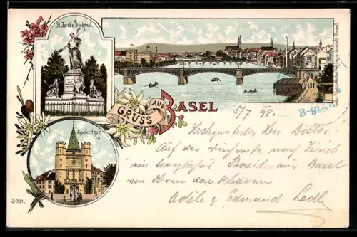 Lithographie Basel, Spalenthor, St. Jacobs Denkmal und Ortsansicht am Rhein