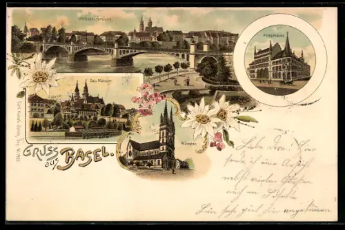 Lithographie Basel, Wettsteinbrücke, Münster, Postgebäude