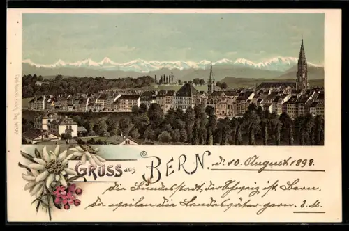 Lithographie Bern, Panorama der Stadt mit Münsterturm und Alpen